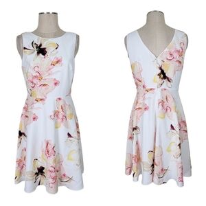 WHBM Fit N Flare Dress Size 6 White Pink Floral Sleeveless Back V Neck Lined New